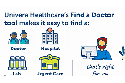 illustration of man on a computer on the right and illustrations of doctor, hospital, lab, and urgent care on the left